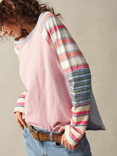Bohemela Boho Women's Raglan Sleeve Striped Casual Loose Round Neck Long Sleeve T-Shirt