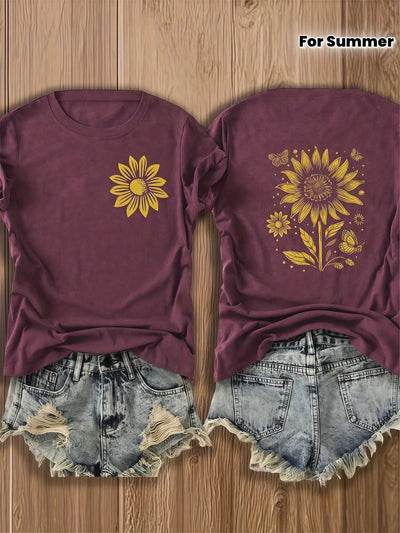 Double-Sided Printed Colored Cotton T-Shirt Comfortable, Stylish With Minimalist Design, Casual & Versatile, INS Style Sunflower And Butterfly Design 100 Percent Cotton Graphic T Shirts