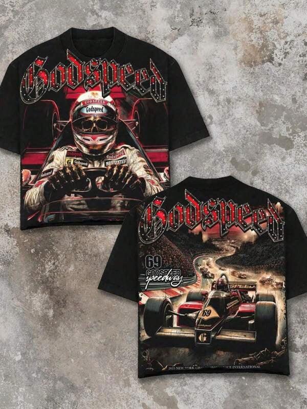 Graphic-Shirt Cotton Tees Size Plus,Man's T-Shirt Y2K With Godspeed Racing Skull Double-Sided Print Man's Summer Round Neck Short Sleeved Casual Cotton Print T-Shirt ,Y2K,Oversized Shirt Men,Summer Tops